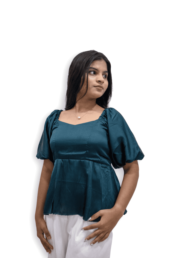 Tied Front Puff Sleeve Peplum Denim Shirt