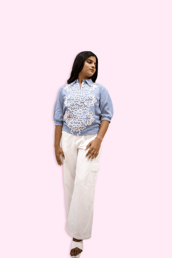 Wavy Embroidered Collared  Top