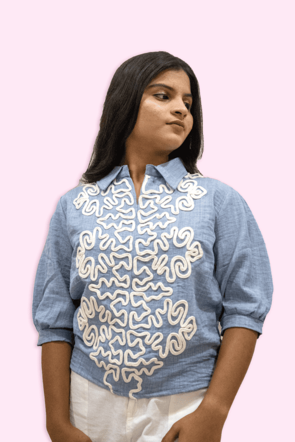 Wavy Embroidered Collared  Top