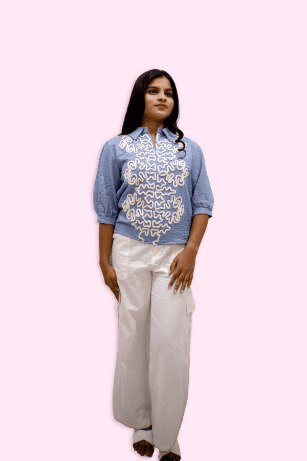 Wavy Embroidered Collared  Top