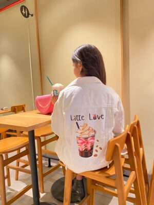 Latte Love Quirky White Denim Jacket