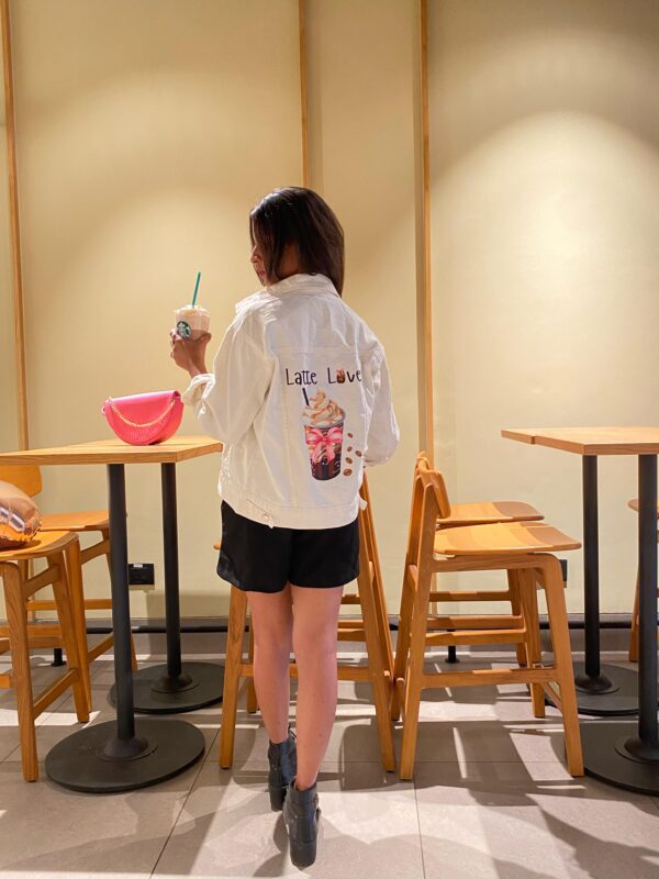 Latte Love Quirky White Denim Jacket