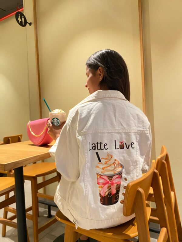 Latte Love Quirky White Denim Jacket