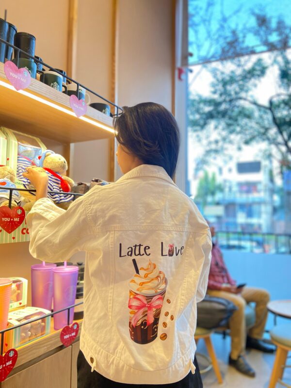 Latte Love Quirky White Denim Jacket
