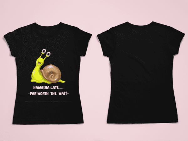 front-and-back-view-of-a-crewneck-t-shirt-mockup-29664 (7) Quirky "Hamesha Laate" Graphic T Shirt