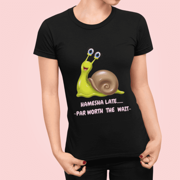 mockup-of-a-woman-showing-the-print-on-her-t-shirt-88-el (1) Quirky "Hamesha Laate" Graphic T Shirt